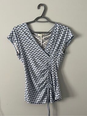 Max Studio Light Blue Floral Wrap Ruched Tie Top